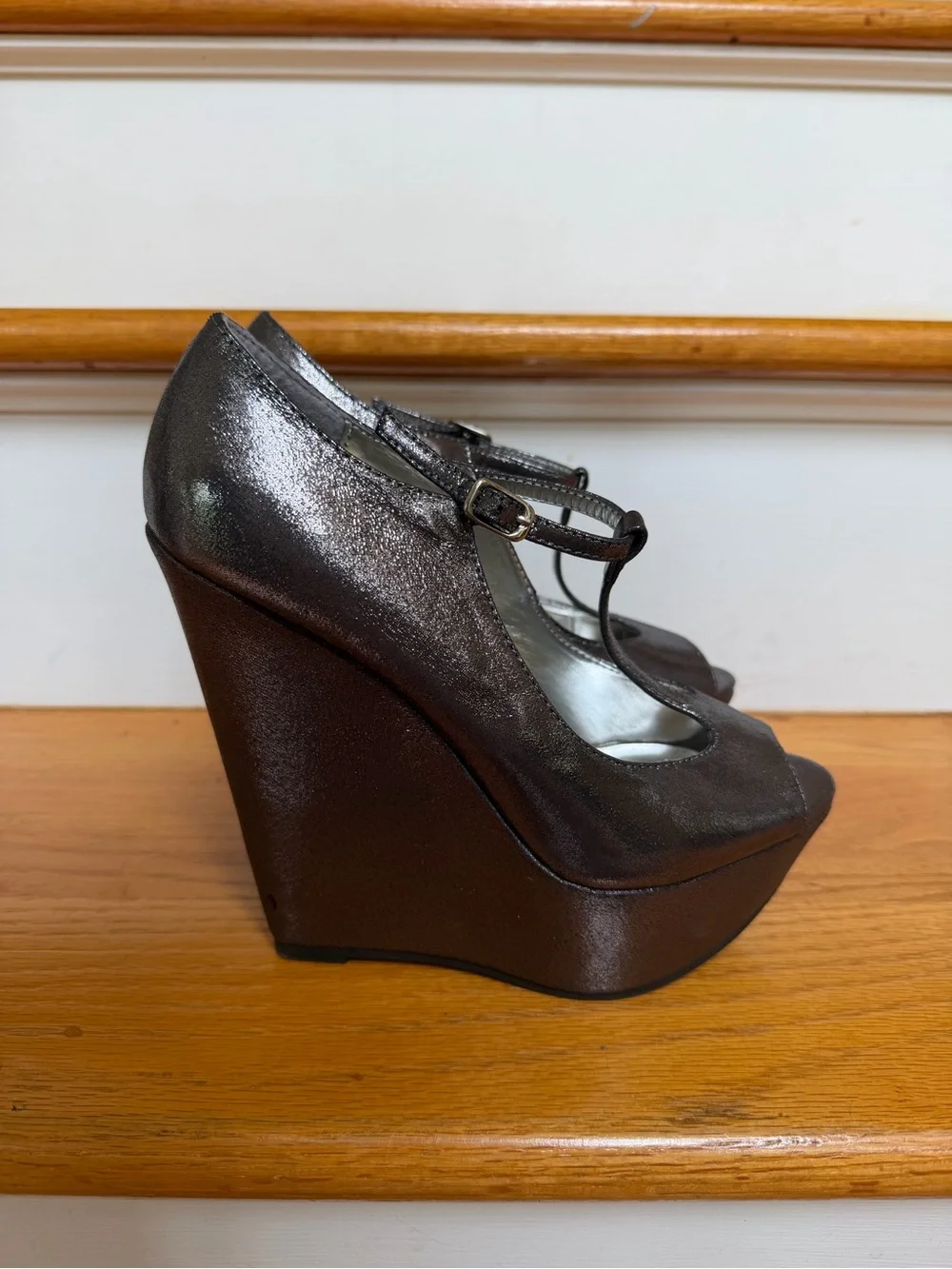 Silver T-Strap Peep-Toe Platform Heels - Women's